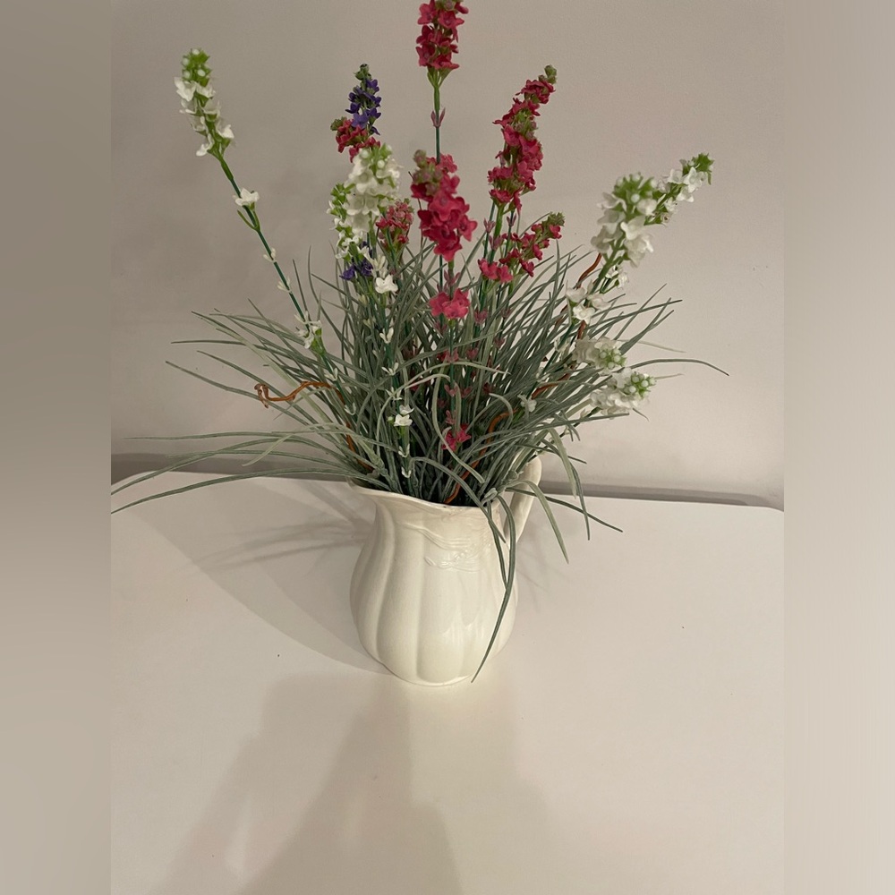 Vintage pitcher wheat design in cream by Royal Crownford & artificial flowers.